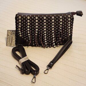 NWT Savana by American West Fringe Flap Crossbody,Studs & Stones, Brown,10"x6.5"